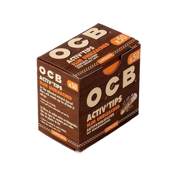OCB Virgin ActivTips Slim, ungebleichte Aktivkohlefilter mit Keramikkappen 1 Packung (50 Filter)