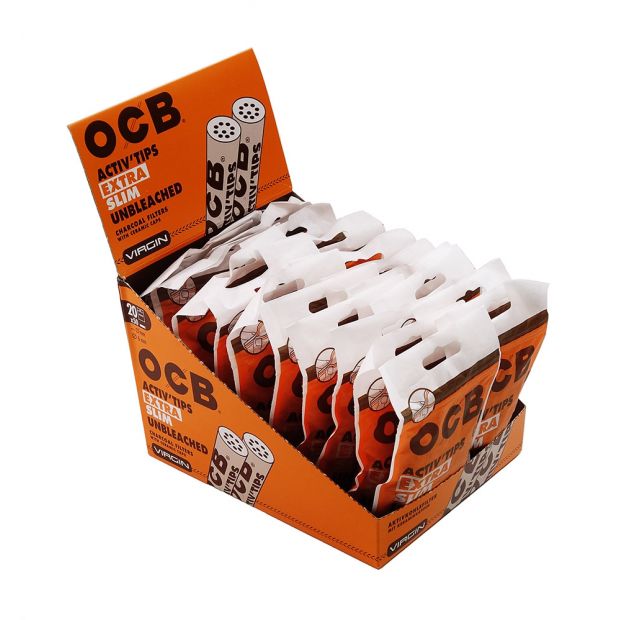 OCB ActivTips Extra Slim Unbleached Aktivkohlefilter mit Keramikkappen, 50 Stck pro Beutel 1 Box (20 Beutel)