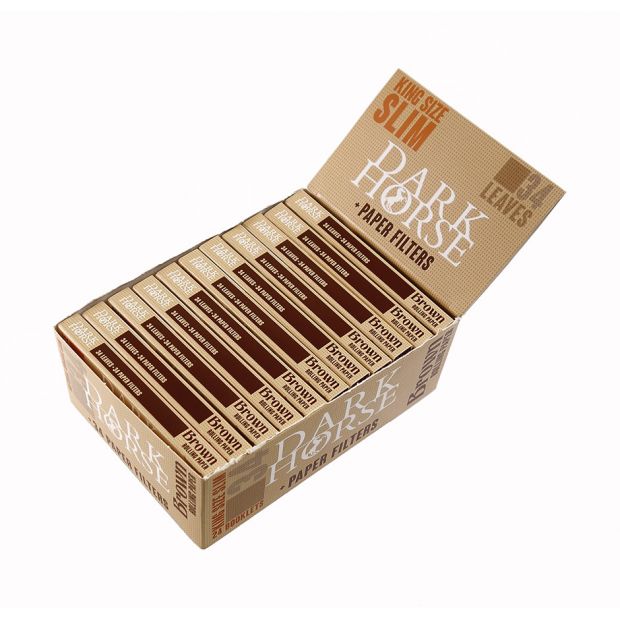 Dark Horse Brown King Size Slim Papers+Tips inkl. Stick zum Stopfen, ungebleicht 4 Boxen (96 Heftchen)